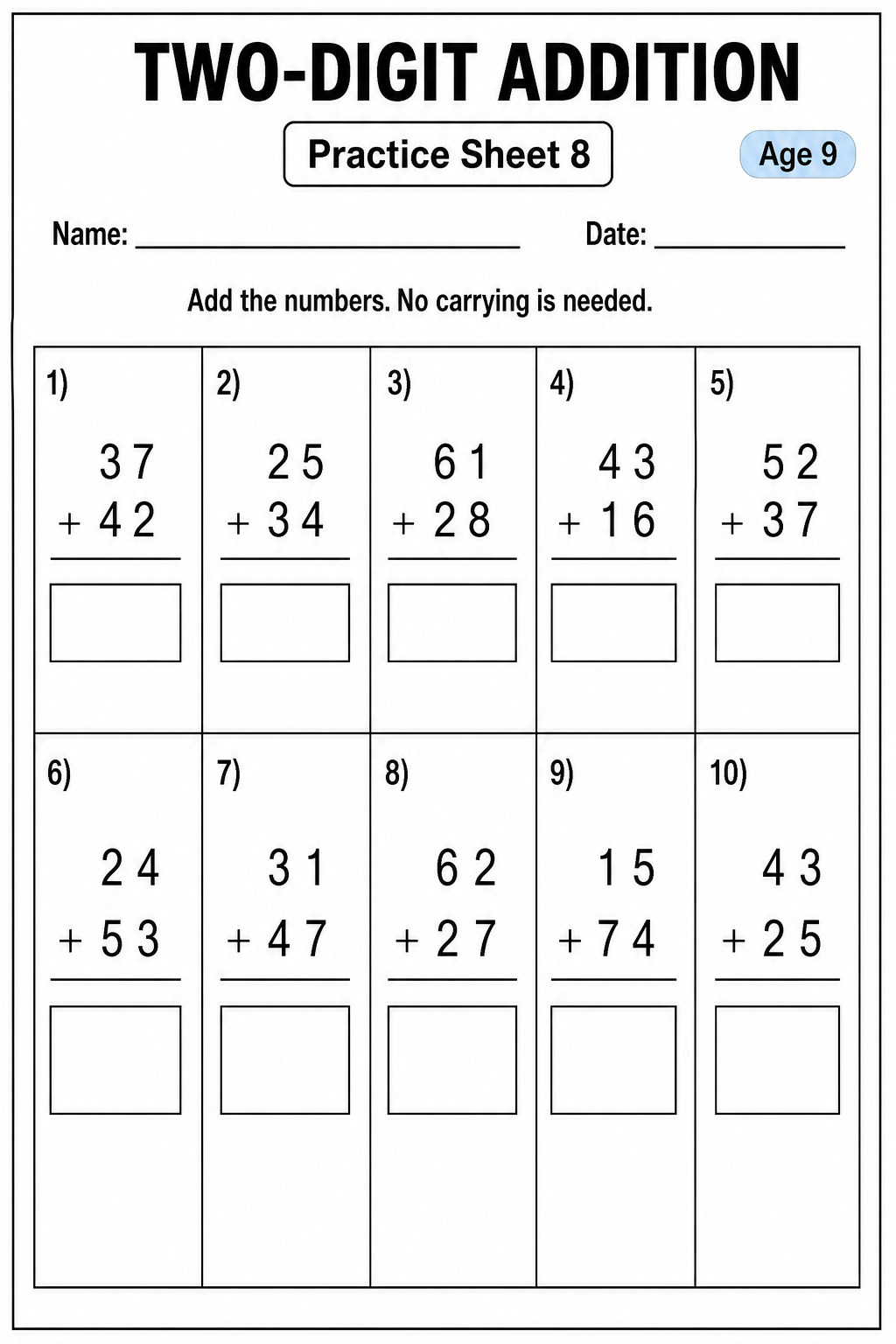 Printable two-digit addition without carrying practice sheet 9 for age 9