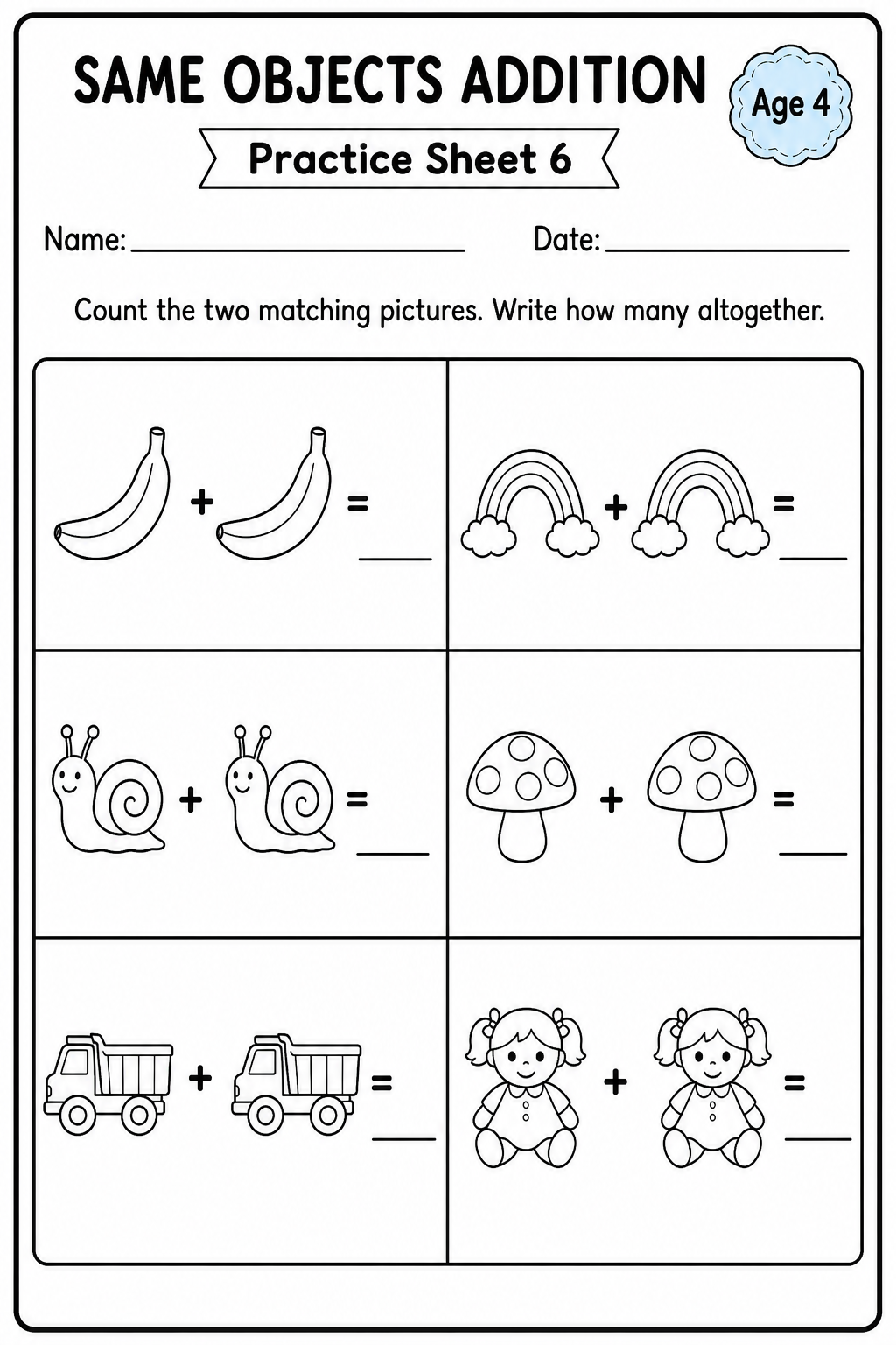 Printable same objects addition practice sheet 6 for age 4