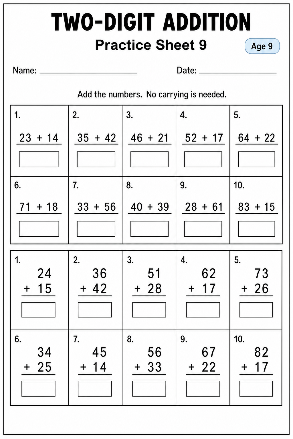 Printable two-digit addition without carrying practice sheet 10 for age 9