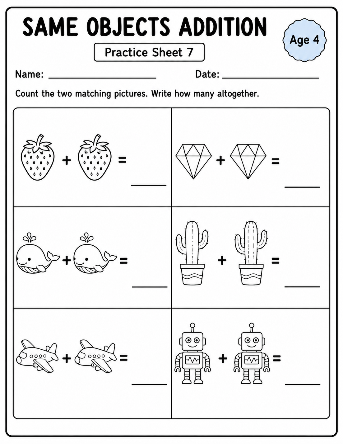 Printable same objects addition practice sheet 7 for age 4