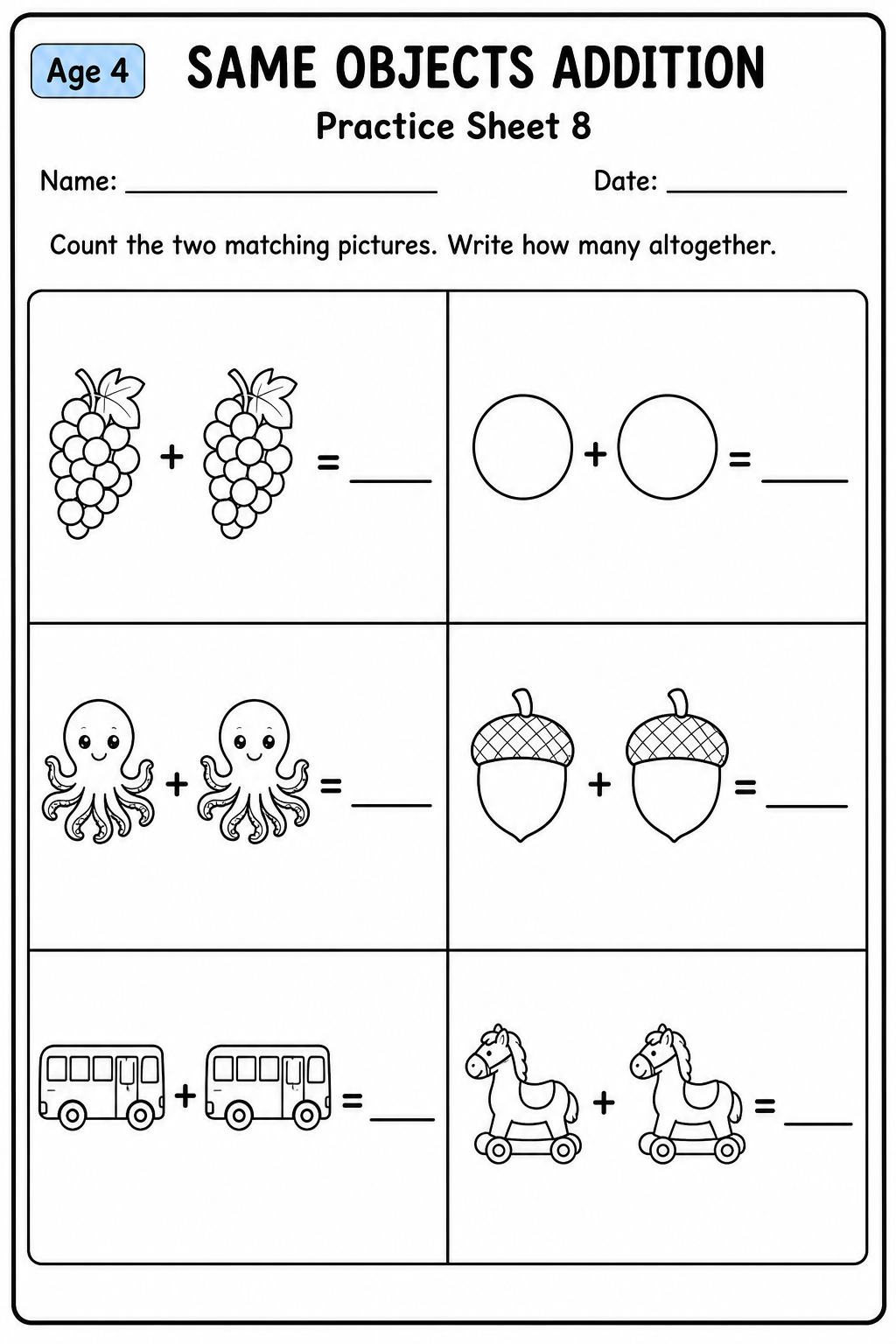 Printable same objects addition practice sheet 8 for age 4