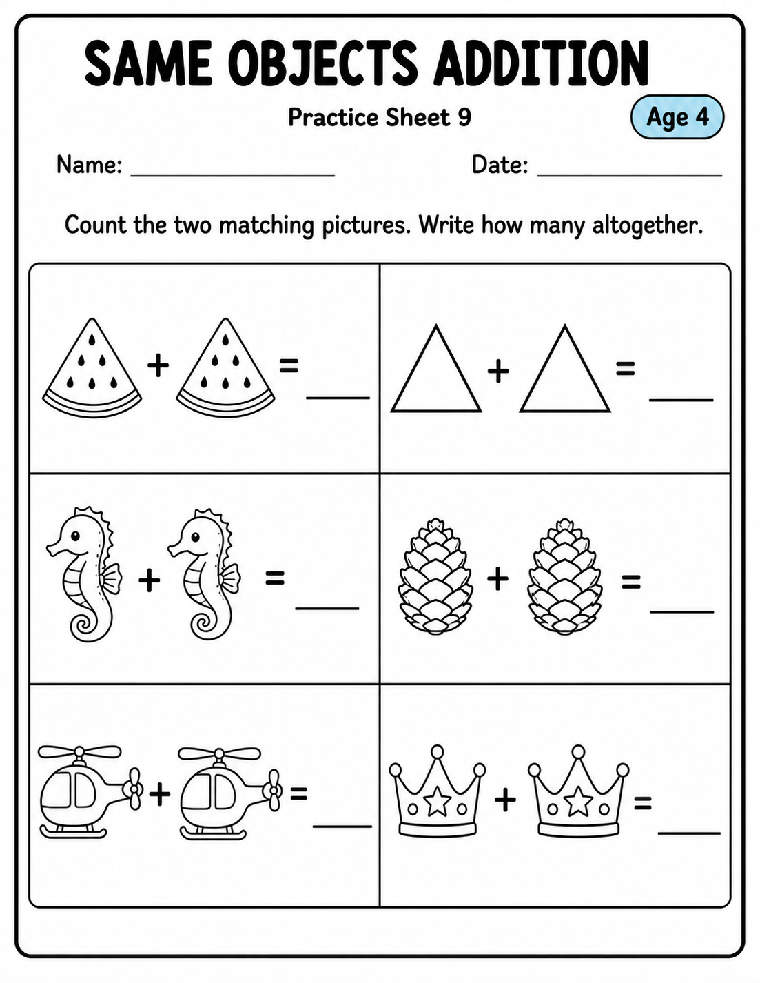 Printable same objects addition practice sheet 9 for age 4