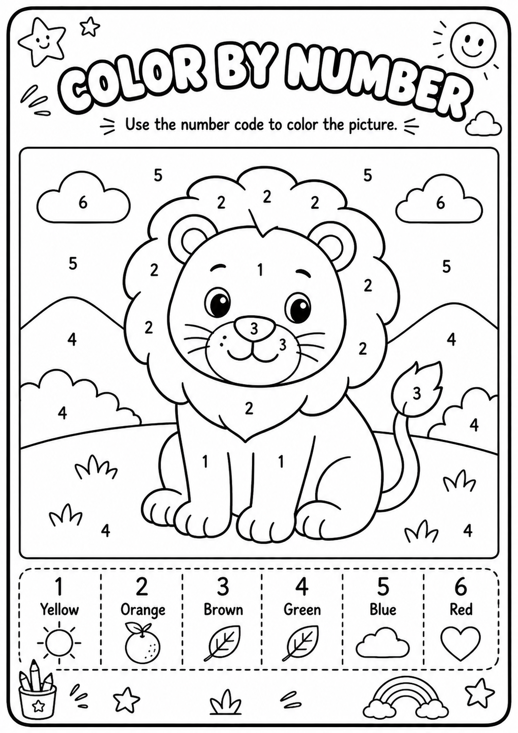 Color a friendly lion and its landscape by matching numbers one through six to yellow, orange, brown, green, blue and red. This easy printable reinforces number recognition, color matching and fine-motor control for ages 4–7.