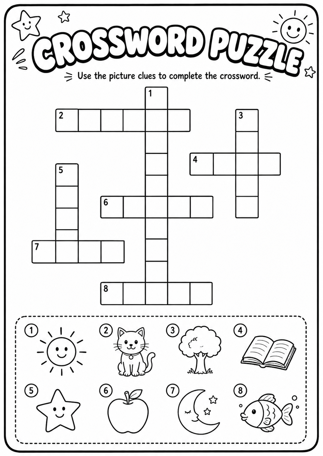 Complete an eight-word crossword using simple picture clues for sun, cat, tree, book, star, apple, moon and fish. This beginner printable crossword builds vocabulary, spelling and letter-placement skills for children ages 6–9.