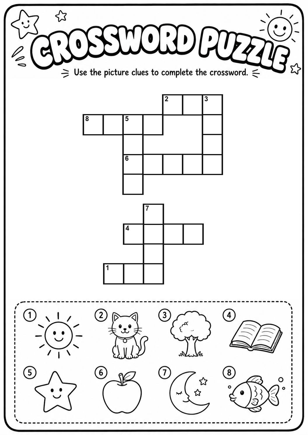 Complete an eight-word crosswords using simple picture clues for sun, cat, tree, book, star, apple, moon and fish. This beginner printable crossword builds vocabulary, spelling and letter-placement skills for children ages 6–9.