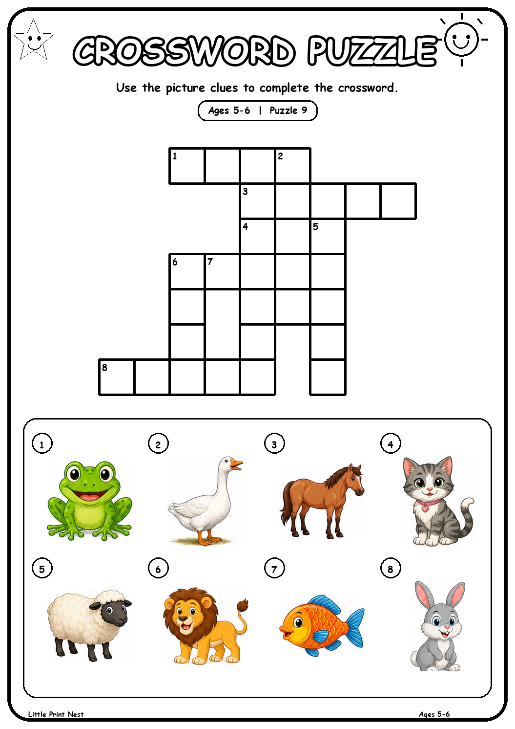 Printable picture crossword puzzle 9 with eight animal clues for ages 5-6