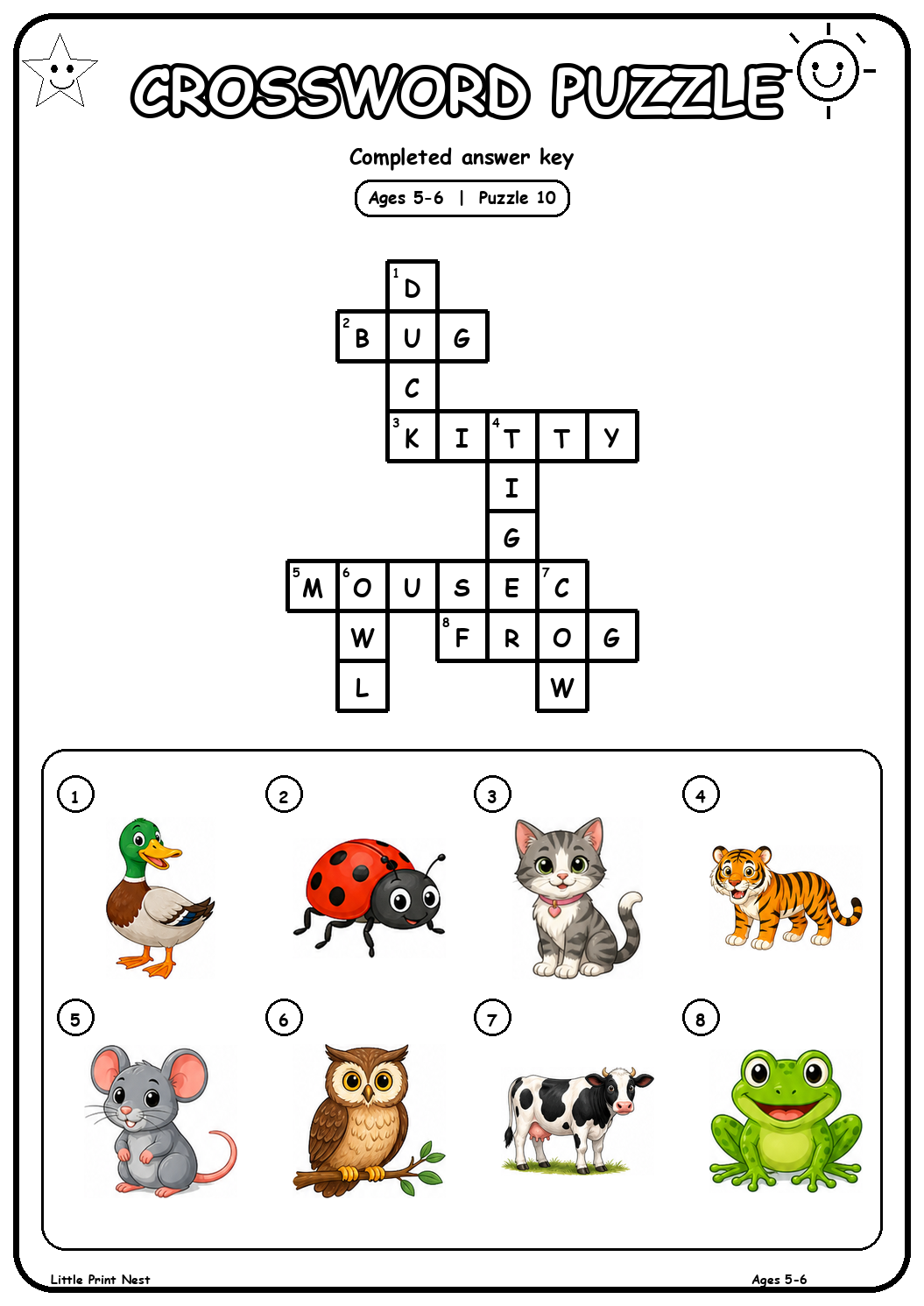 Completed answer key for Picture Crossword Puzzle 10 for Ages 5-6