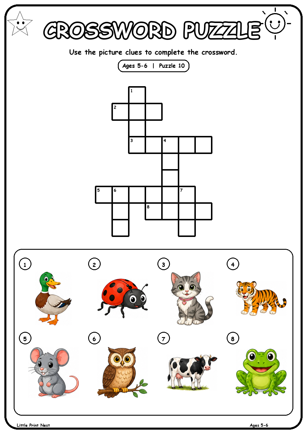 Printable picture crossword puzzle 10 with eight animal clues for ages 5-6