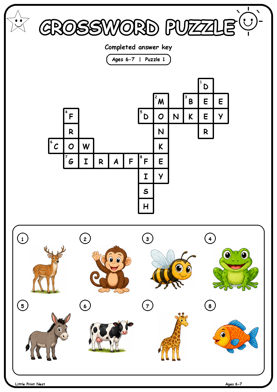 Completed answer key for Picture Crossword Puzzle 1 for Ages 6-7