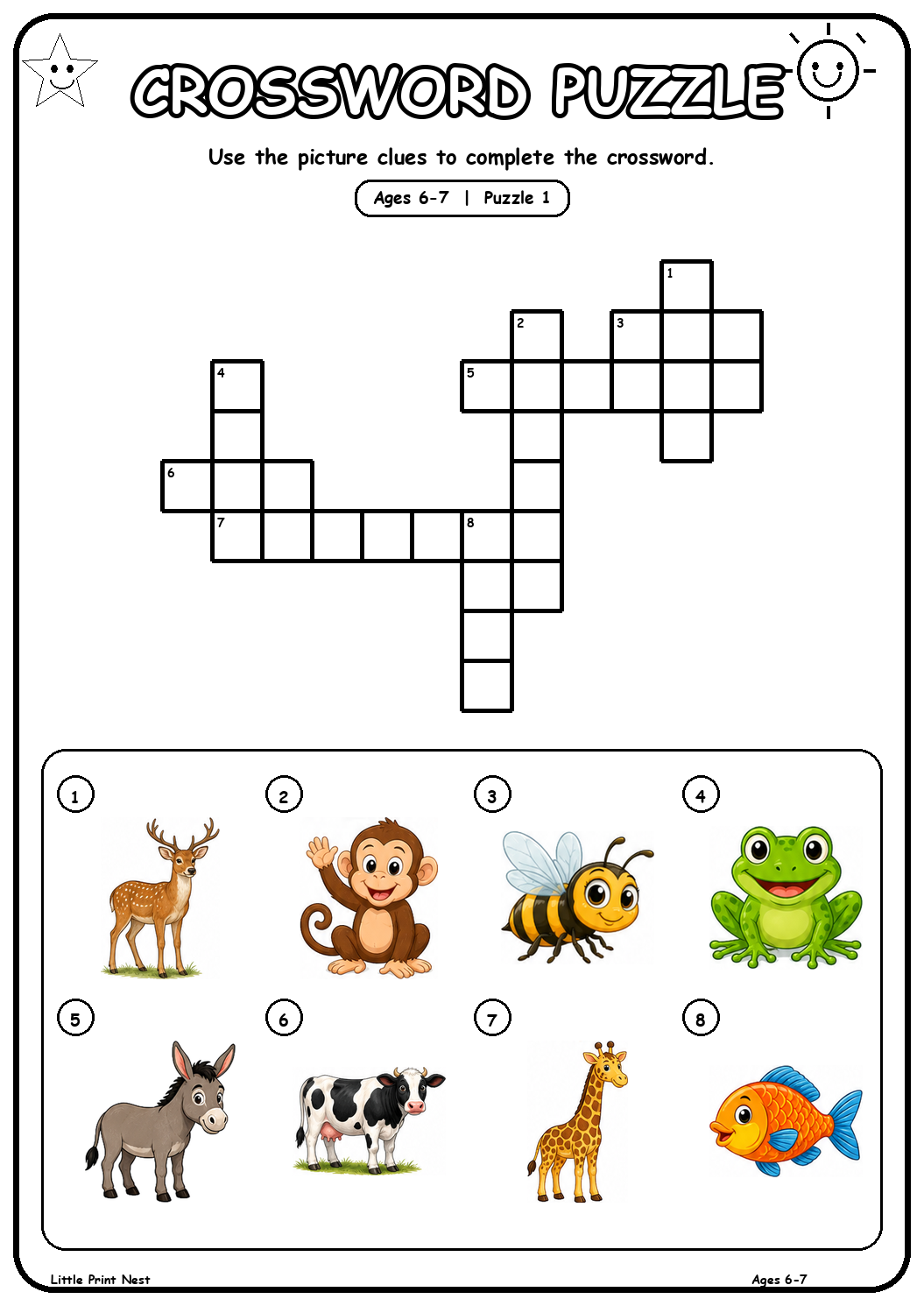 Printable picture crossword puzzle 1 with eight animal clues for ages 6-7