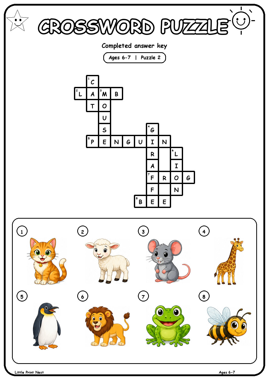Completed answer key for Picture Crossword Puzzle 2 for Ages 6-7