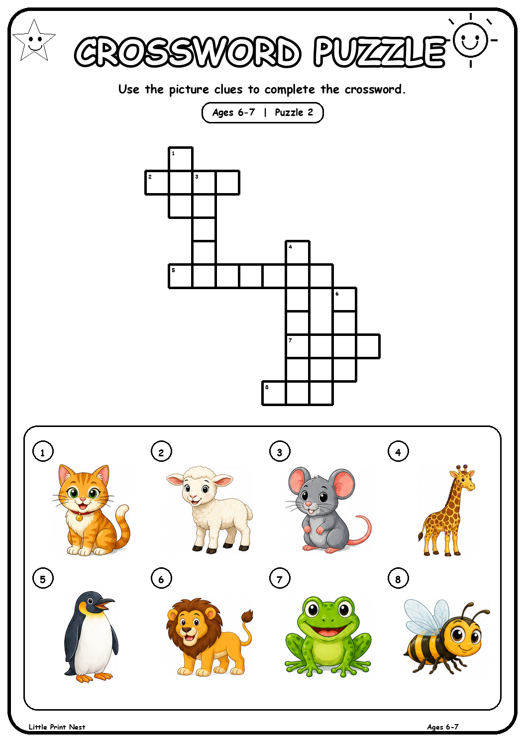 Printable picture crossword puzzle 2 with eight animal clues for ages 6-7