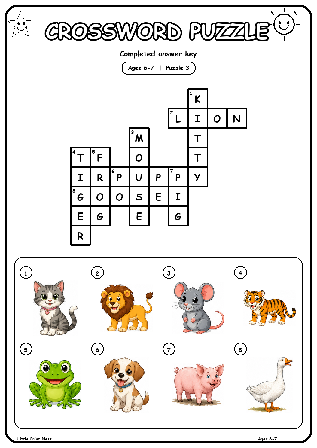 Completed answer key for Picture Crossword Puzzle 3 for Ages 6-7