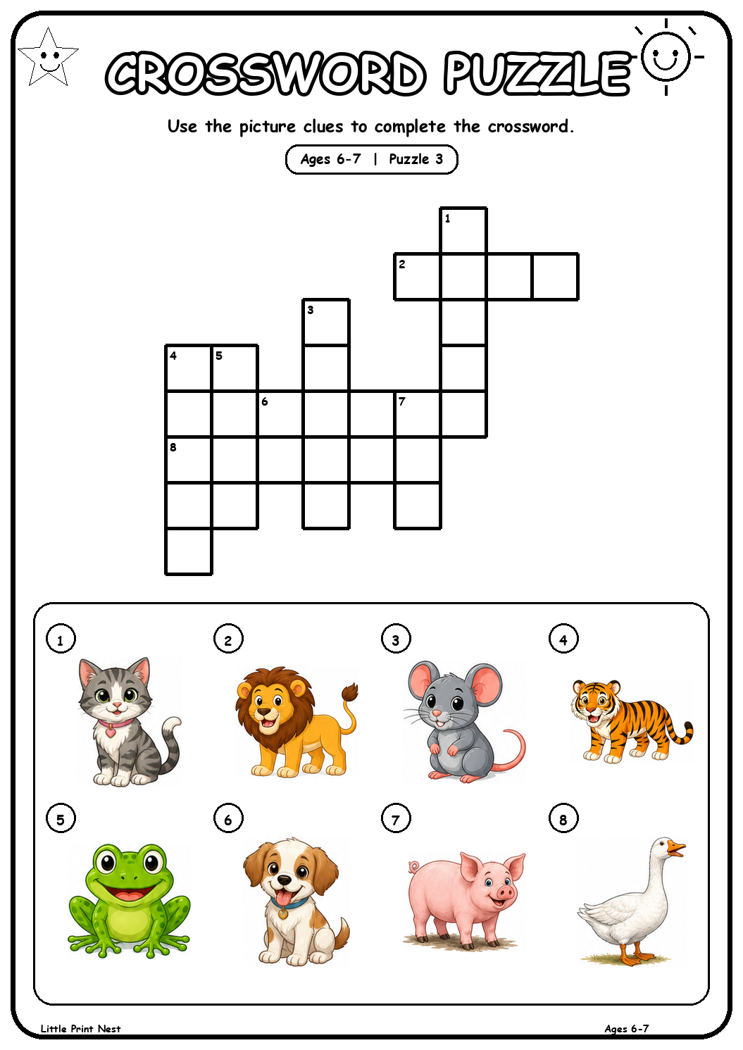 Printable picture crossword puzzle 3 with eight animal clues for ages 6-7