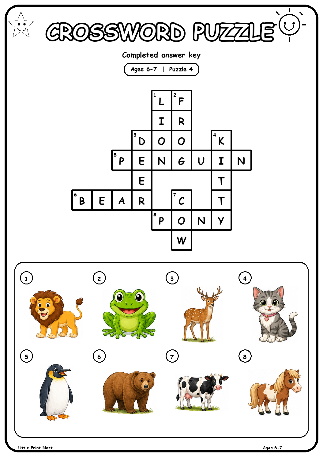 Completed answer key for Picture Crossword Puzzle 4 for Ages 6-7
