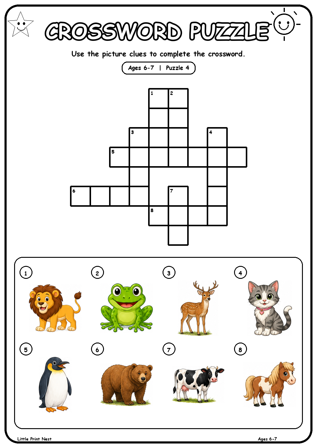 Printable picture crossword puzzle 4 with eight animal clues for ages 6-7