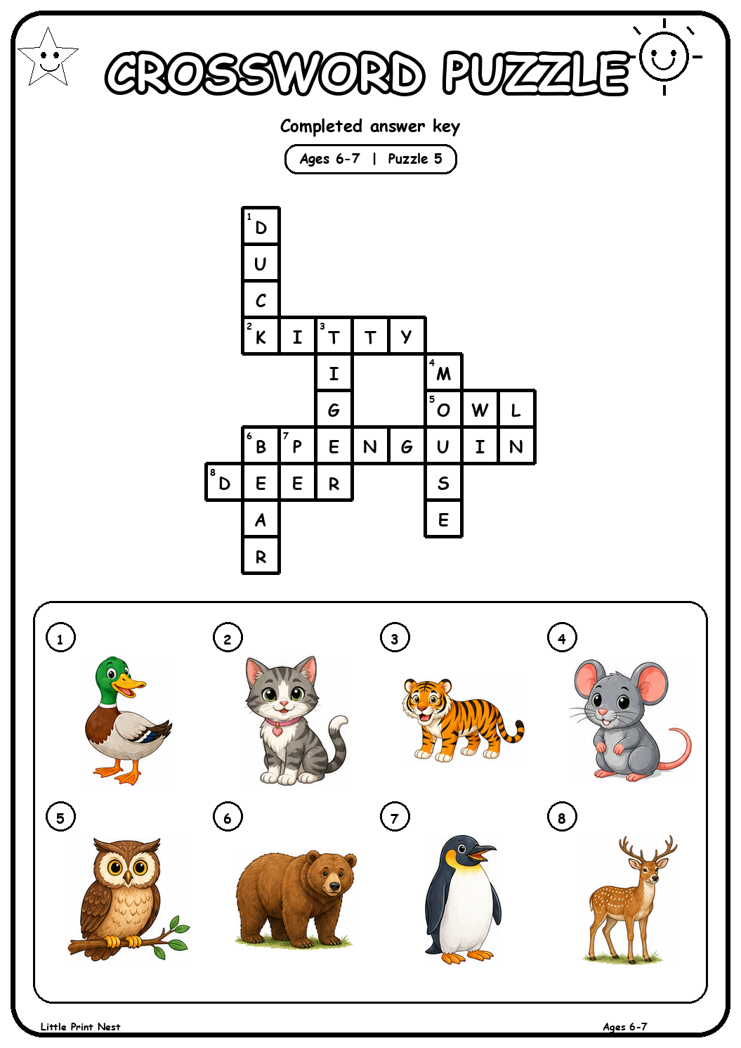 Completed answer key for Picture Crossword Puzzle 5 for Ages 6-7