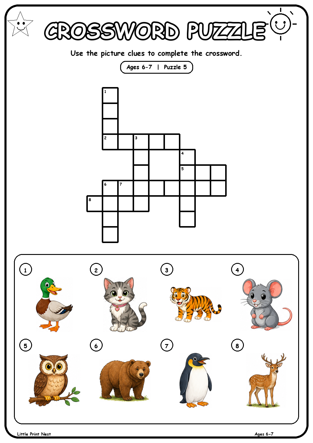 Printable picture crossword puzzle 5 with eight animal clues for ages 6-7