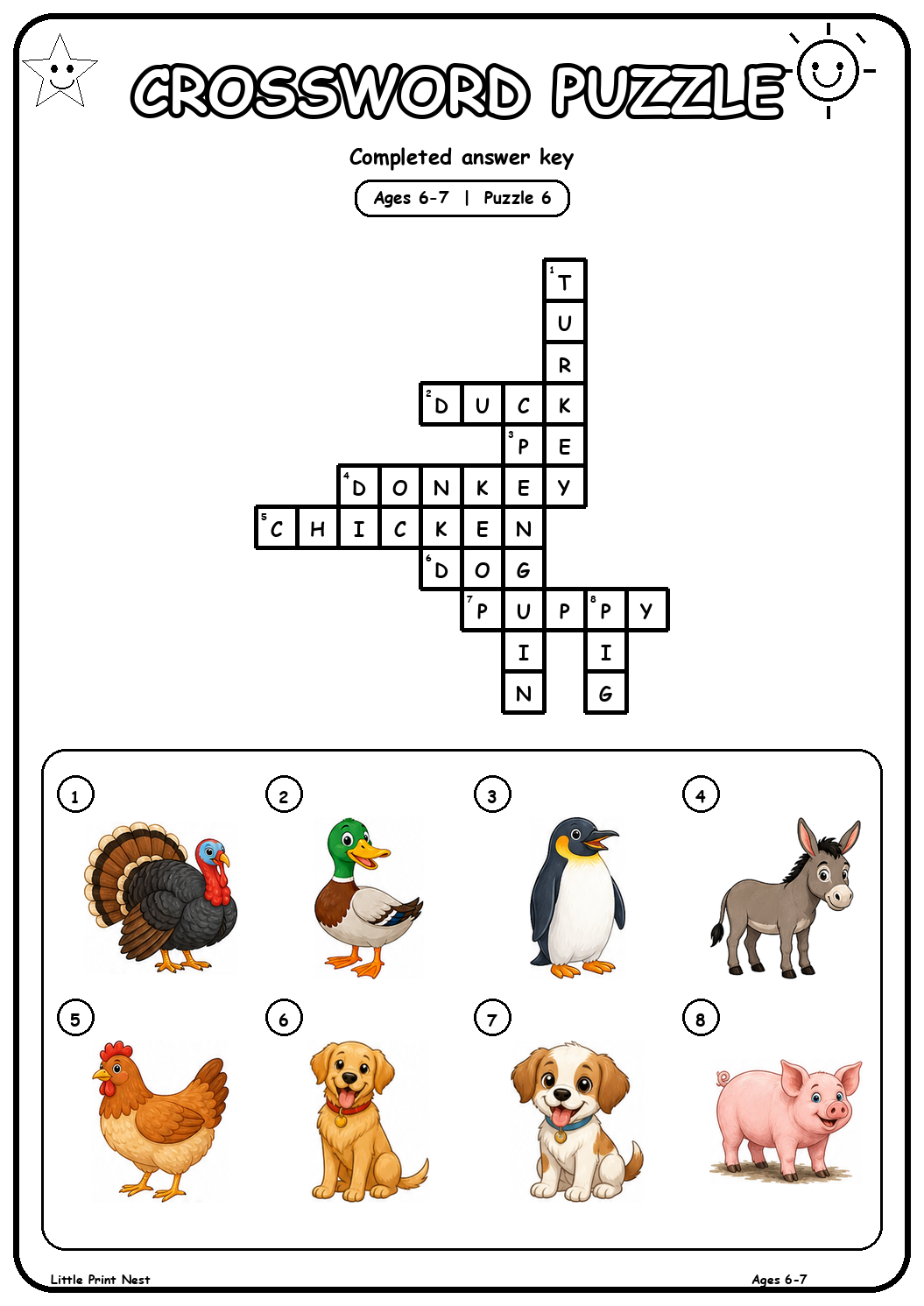 Completed answer key for Picture Crossword Puzzle 6 for Ages 6-7