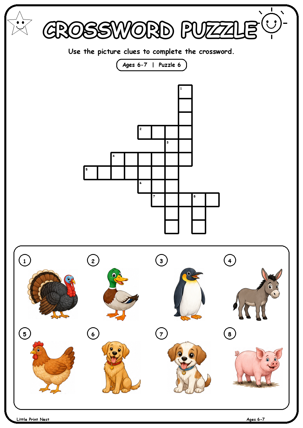 Printable picture crossword puzzle 6 with eight animal clues for ages 6-7