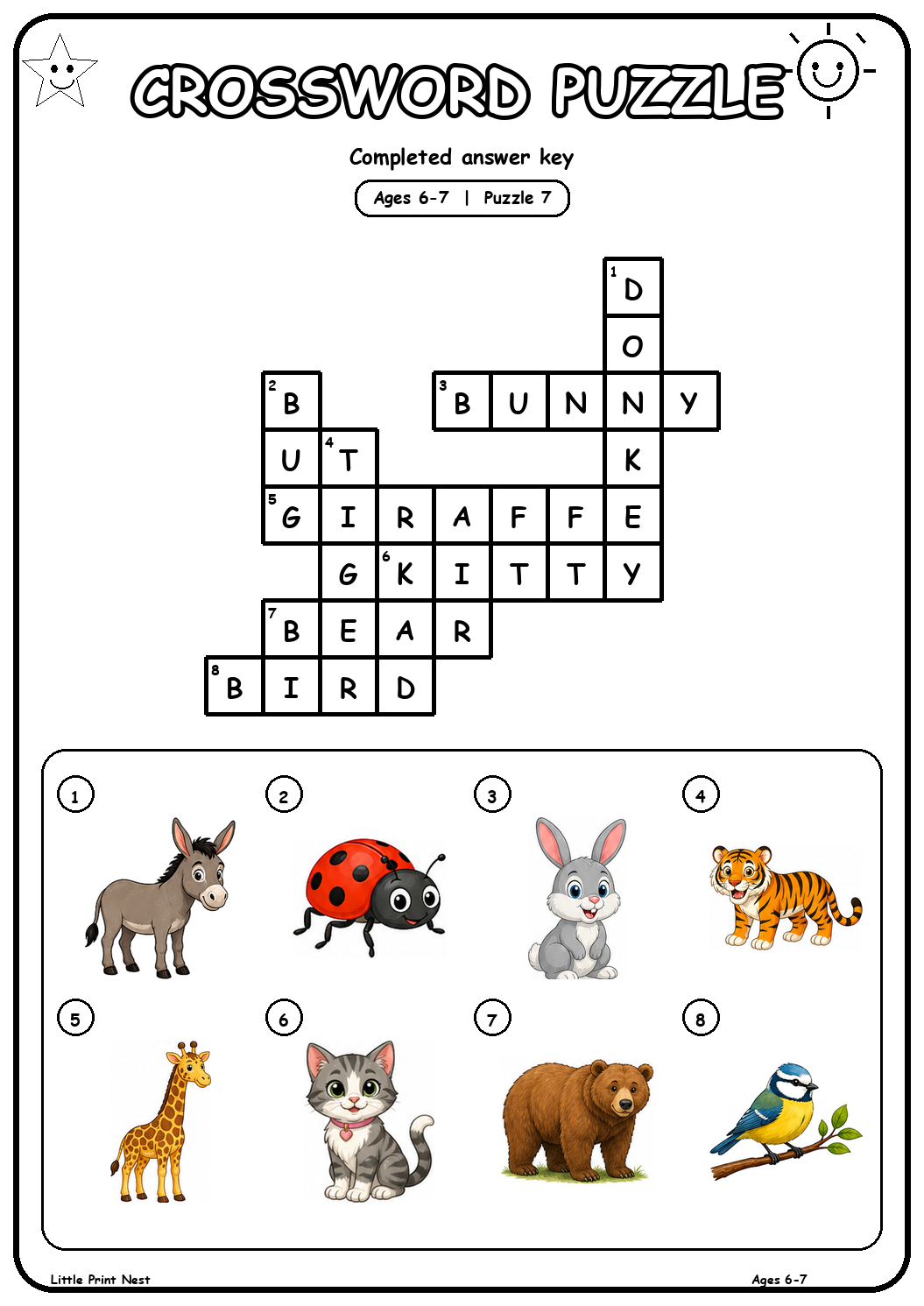 Completed answer key for Picture Crossword Puzzle 7 for Ages 6-7