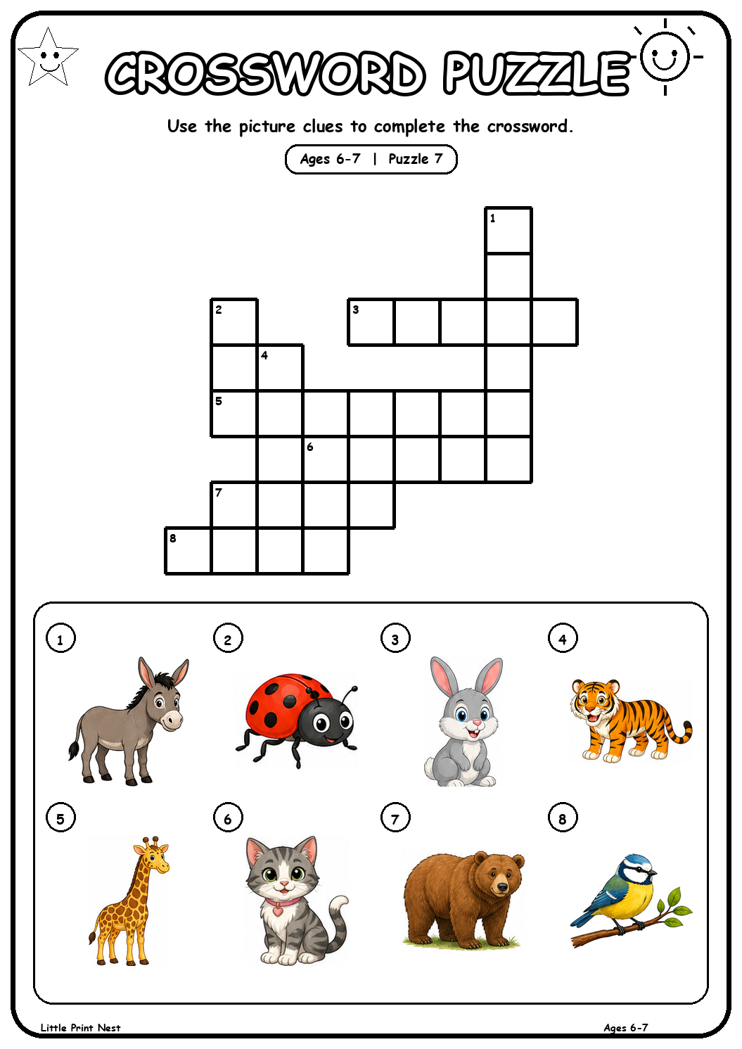 Printable picture crossword puzzle 7 with eight animal clues for ages 6-7