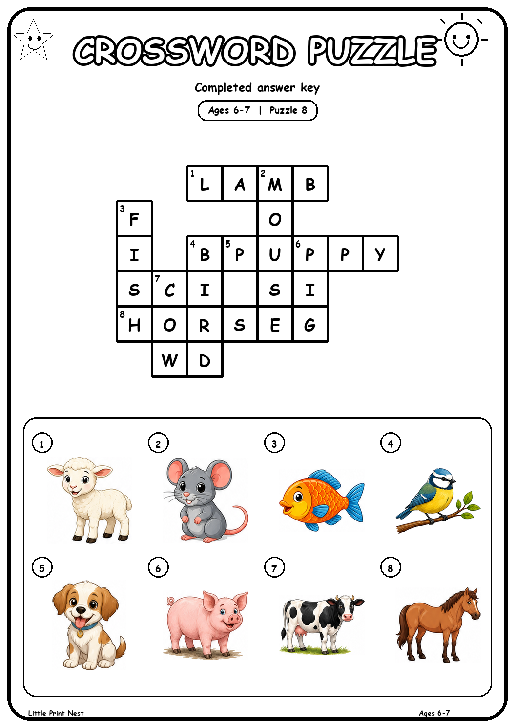 Completed answer key for Picture Crossword Puzzle 8 for Ages 6-7
