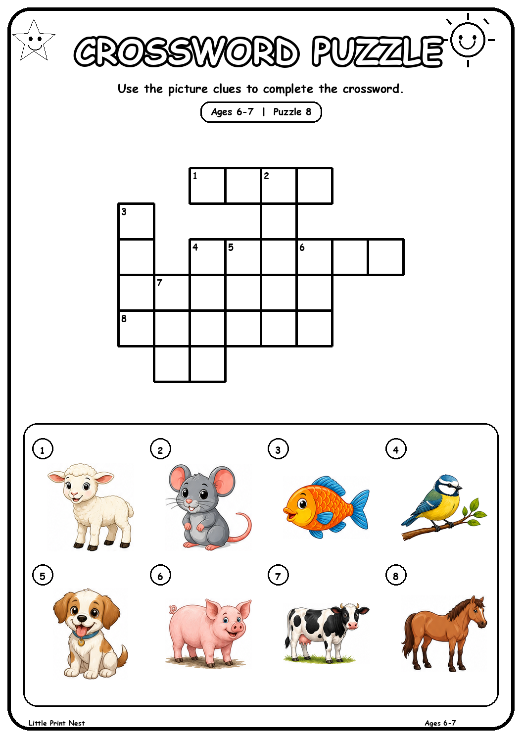 Printable picture crossword puzzle 8 with eight animal clues for ages 6-7