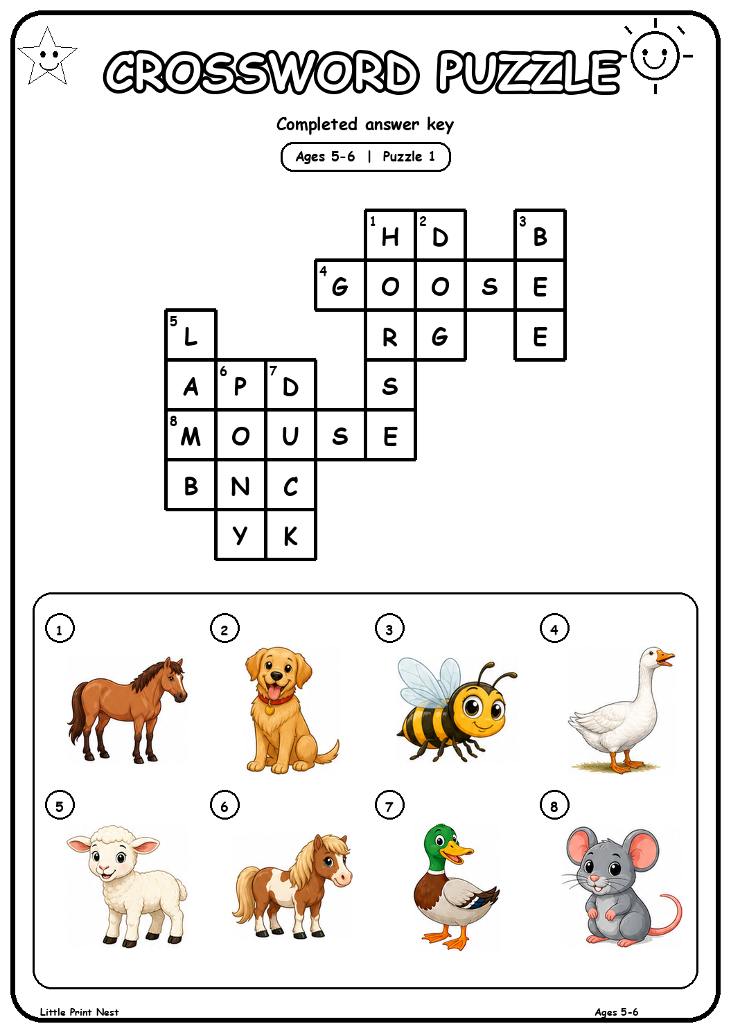 Completed answer key for Picture Crossword Puzzle 1 for Ages 5-6