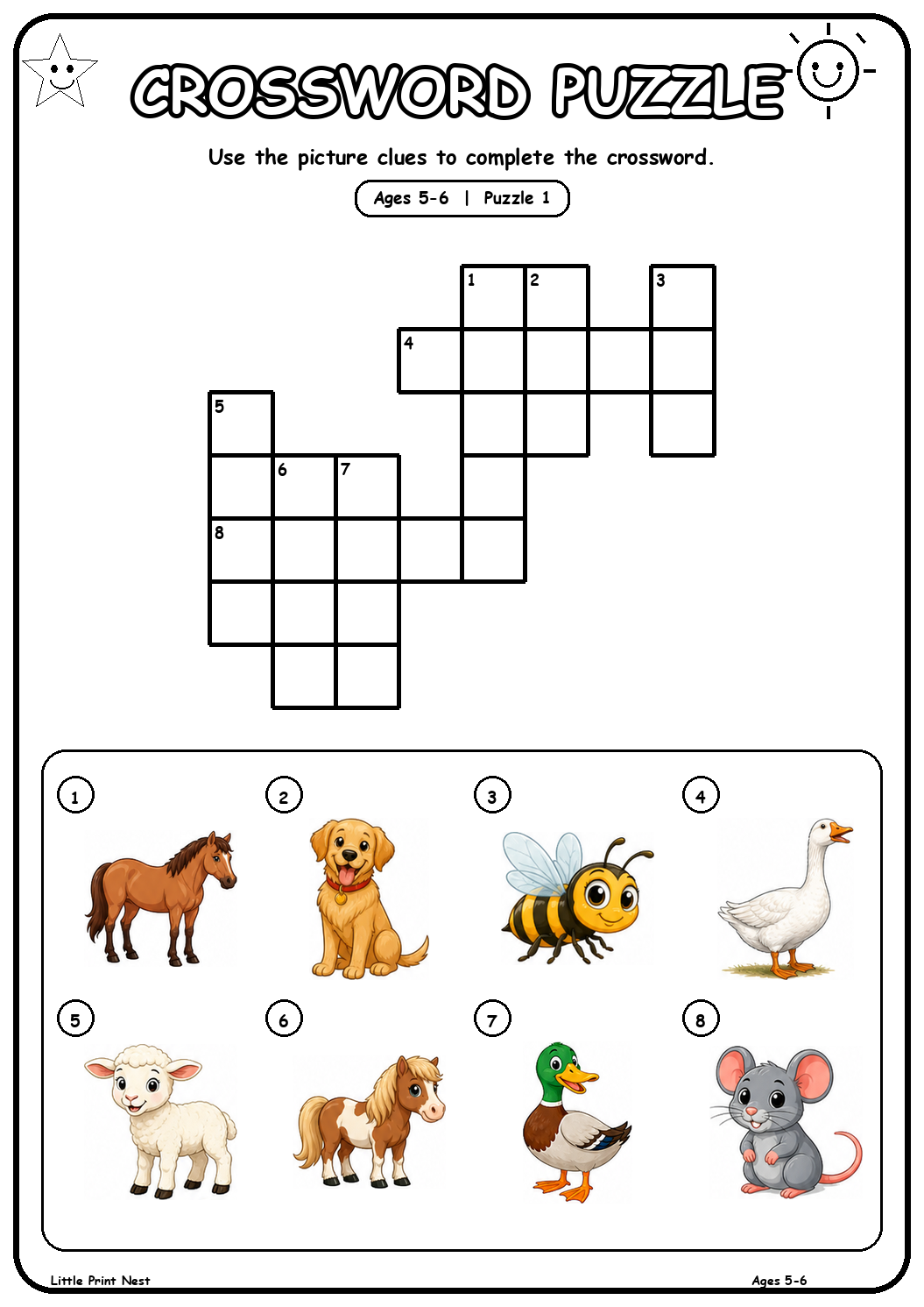 Printable picture crossword puzzle 1 with eight animal clues for ages 5-6