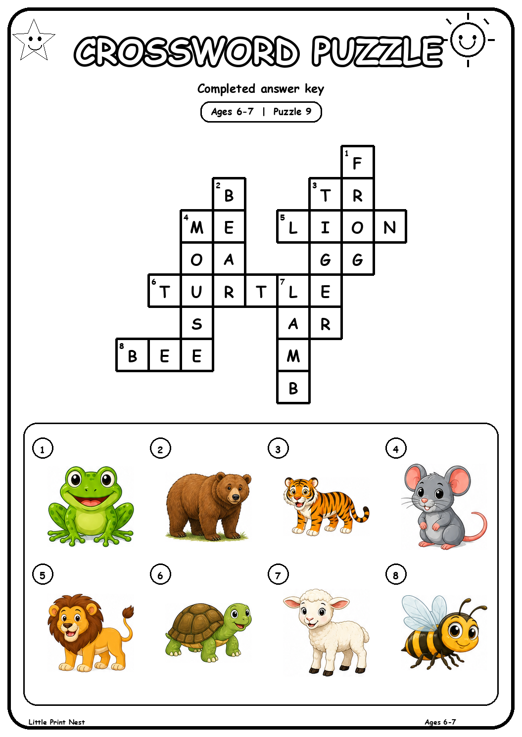 Completed answer key for Picture Crossword Puzzle 9 for Ages 6-7