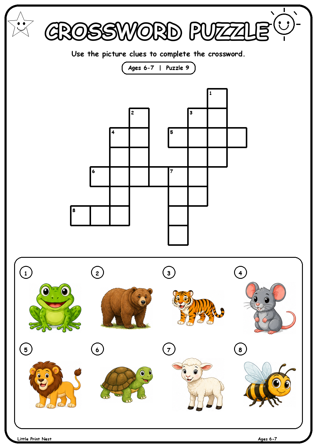Printable picture crossword puzzle 9 with eight animal clues for ages 6-7