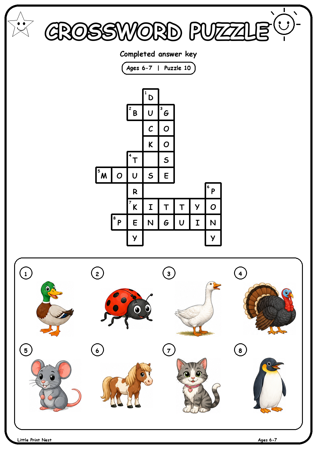 Completed answer key for Picture Crossword Puzzle 10 for Ages 6-7