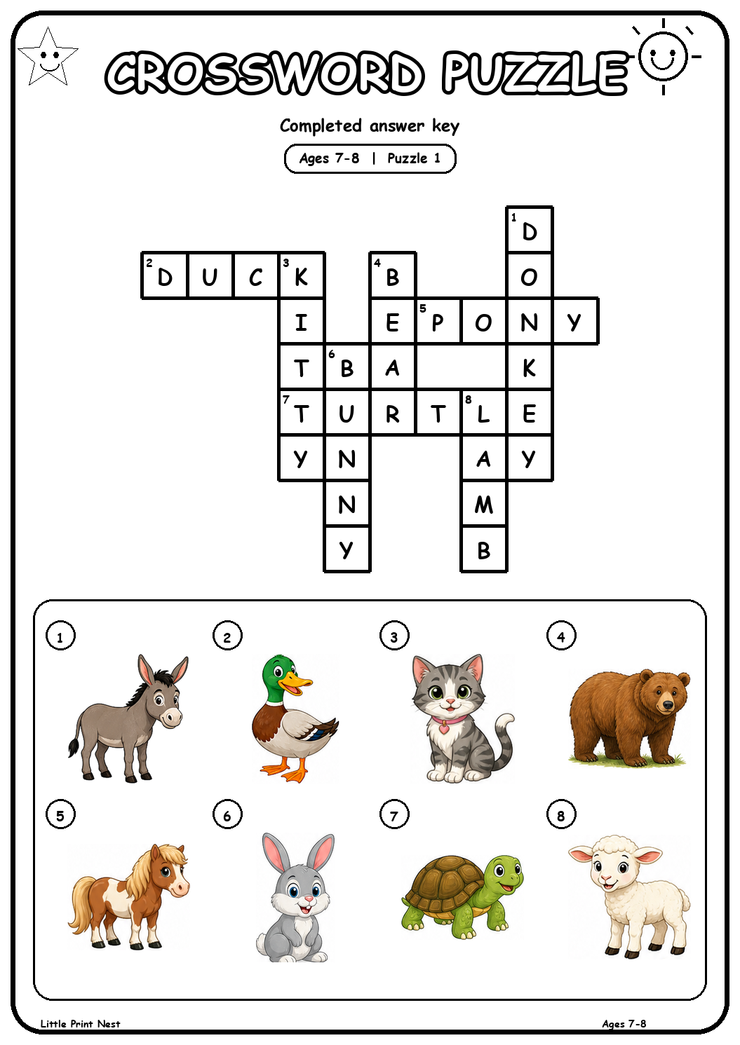 Completed answer key for Picture Crossword Puzzle 1 for Ages 7-8