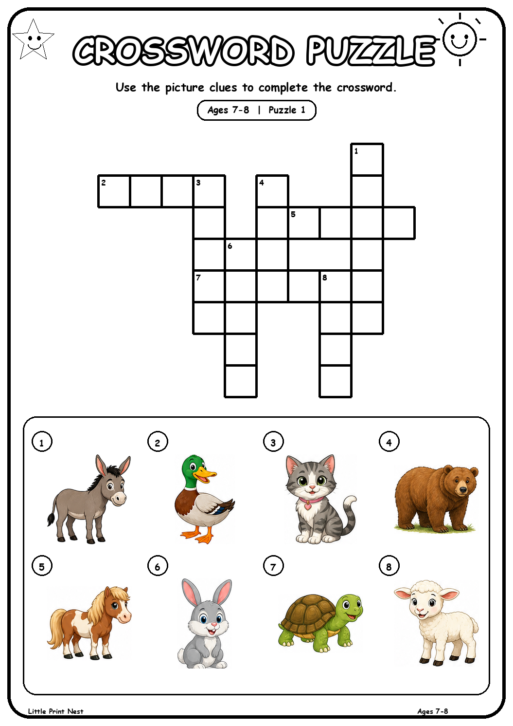 Printable picture crossword puzzle 1 with eight animal clues for ages 7-8