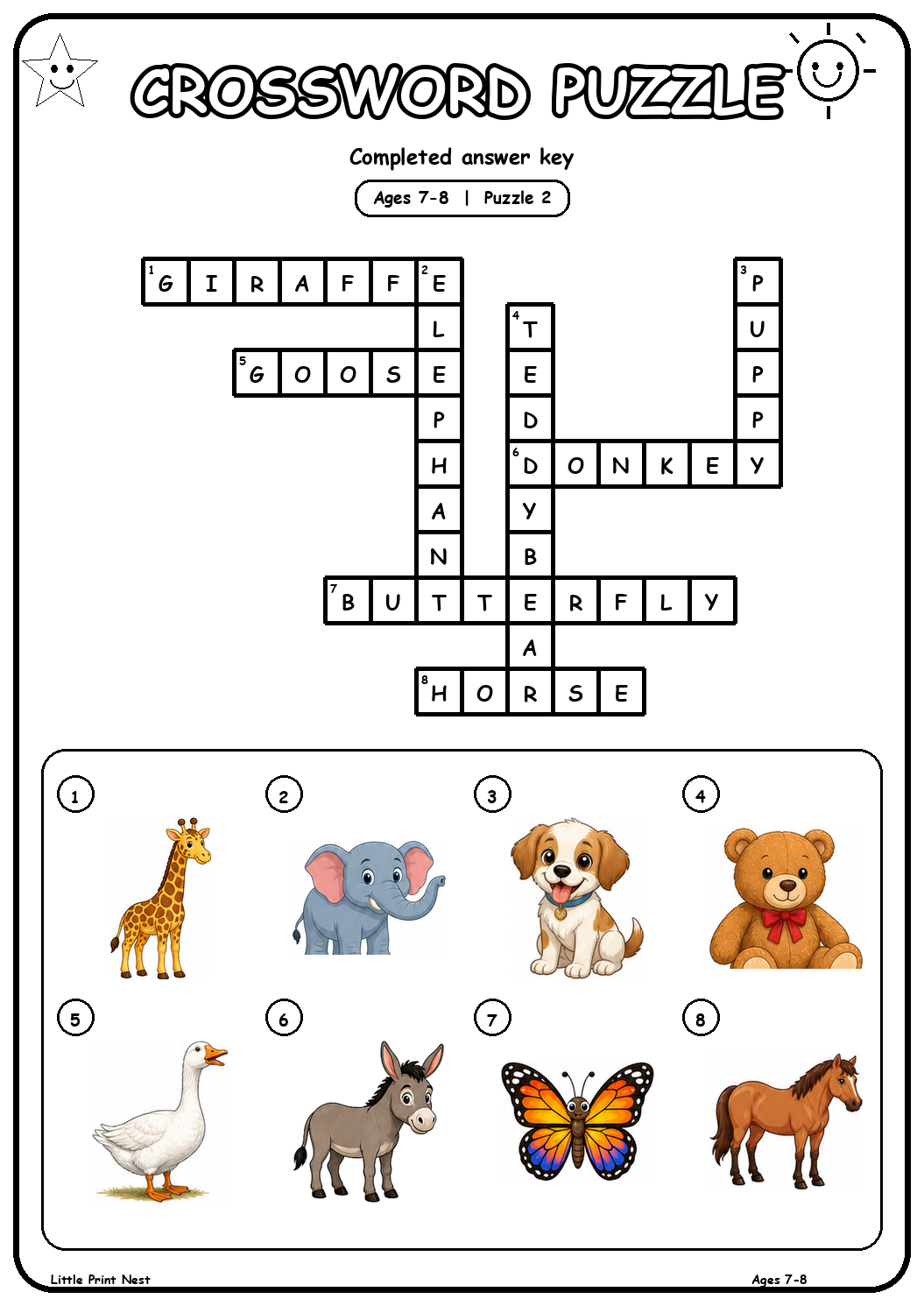 Completed answer key for Picture Crossword Puzzle 2 for Ages 7-8