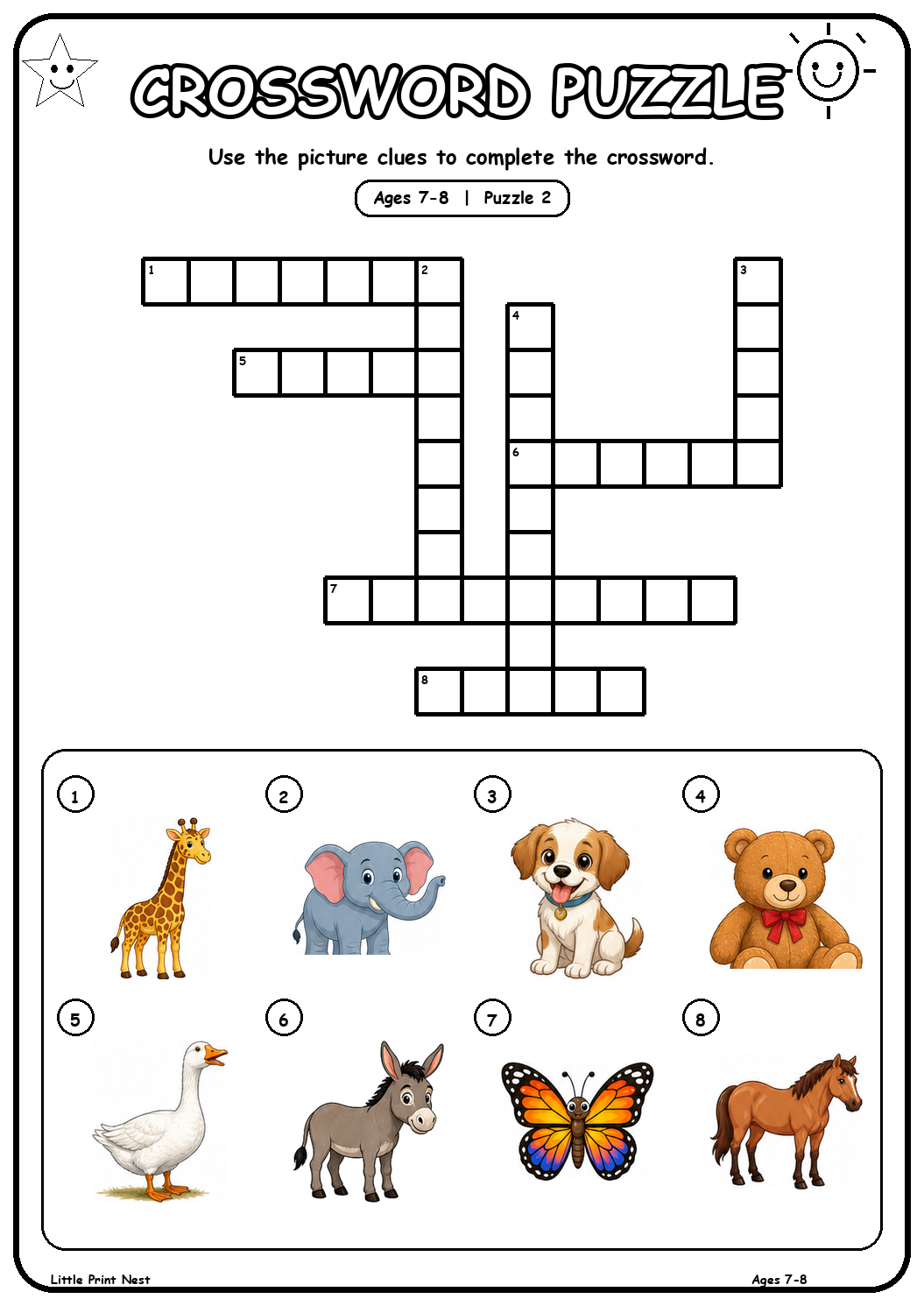 Printable picture crossword puzzle 2 with eight animal clues for ages 7-8