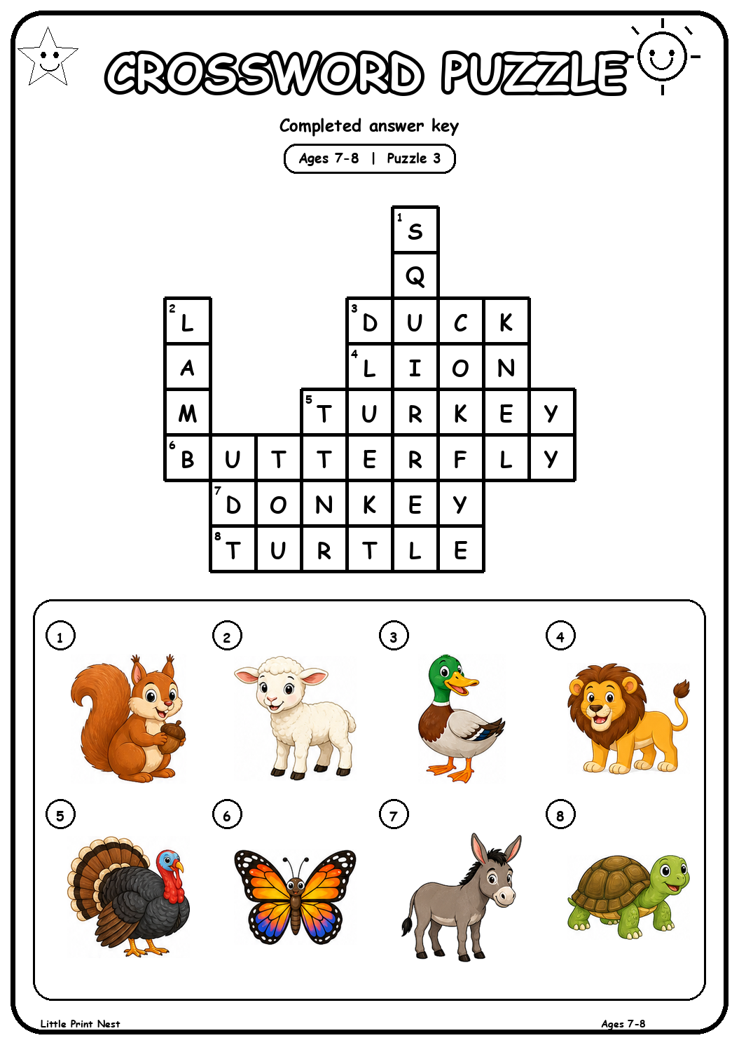 Completed answer key for Picture Crossword Puzzle 3 for Ages 7-8
