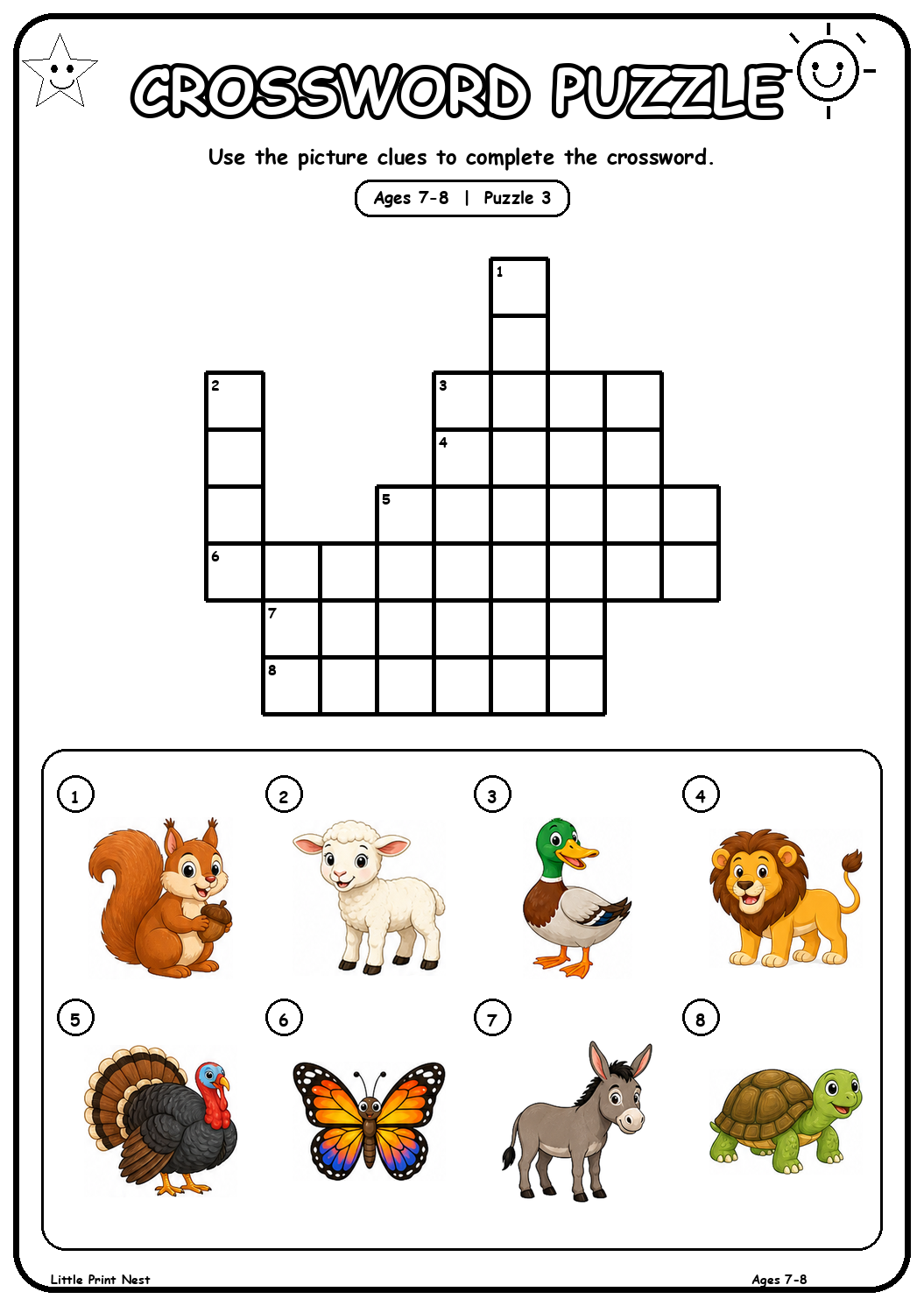 Printable picture crossword puzzle 3 with eight animal clues for ages 7-8
