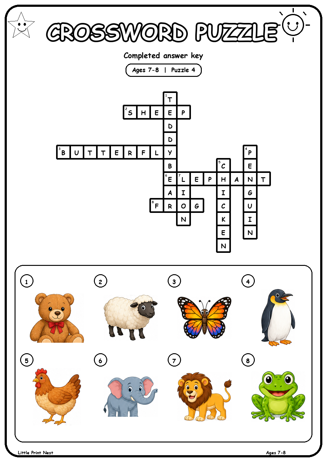 Completed answer key for Picture Crossword Puzzle 4 for Ages 7-8