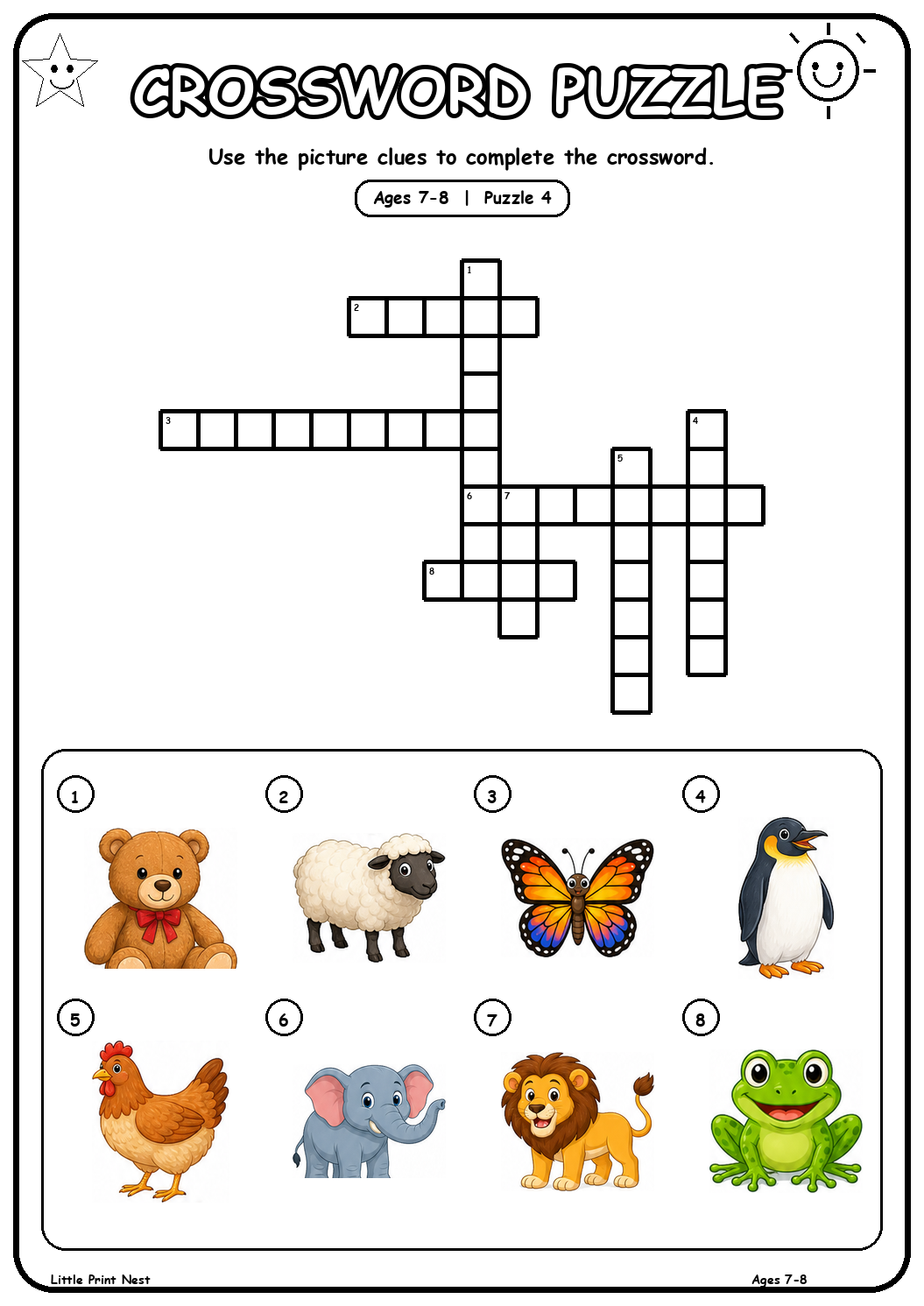 Printable picture crossword puzzle 4 with eight animal clues for ages 7-8