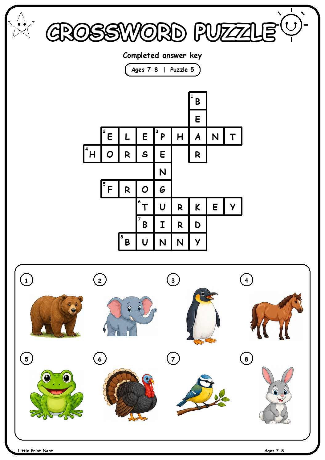 Completed answer key for Picture Crossword Puzzle 5 for Ages 7-8