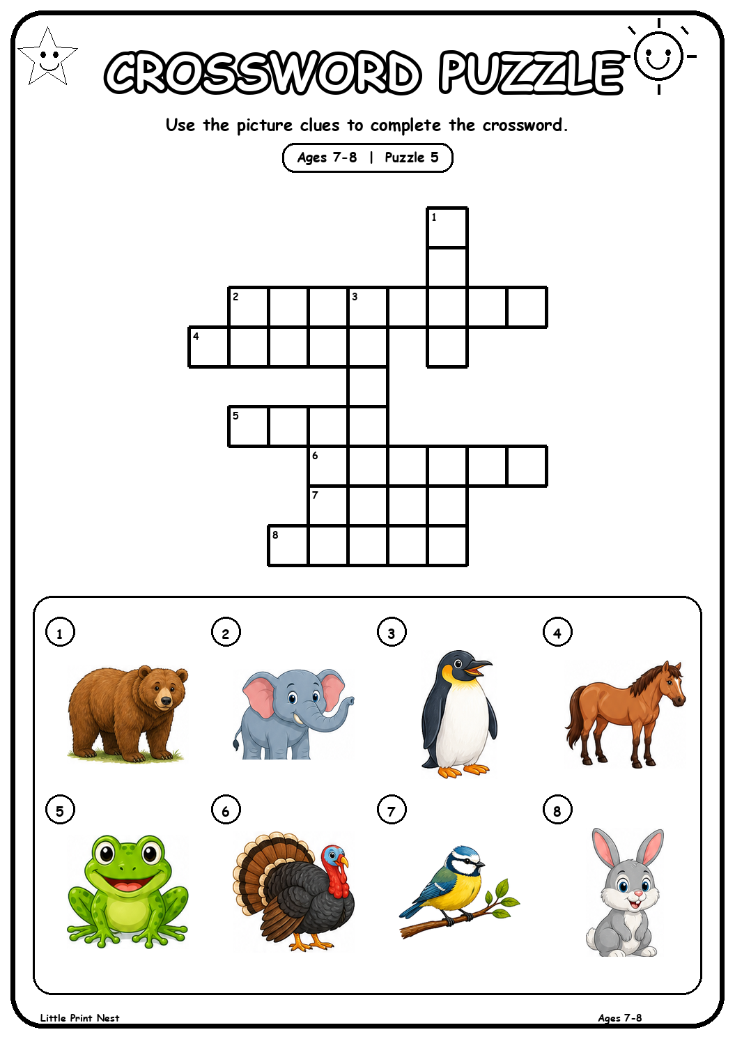 Printable picture crossword puzzle 5 with eight animal clues for ages 7-8