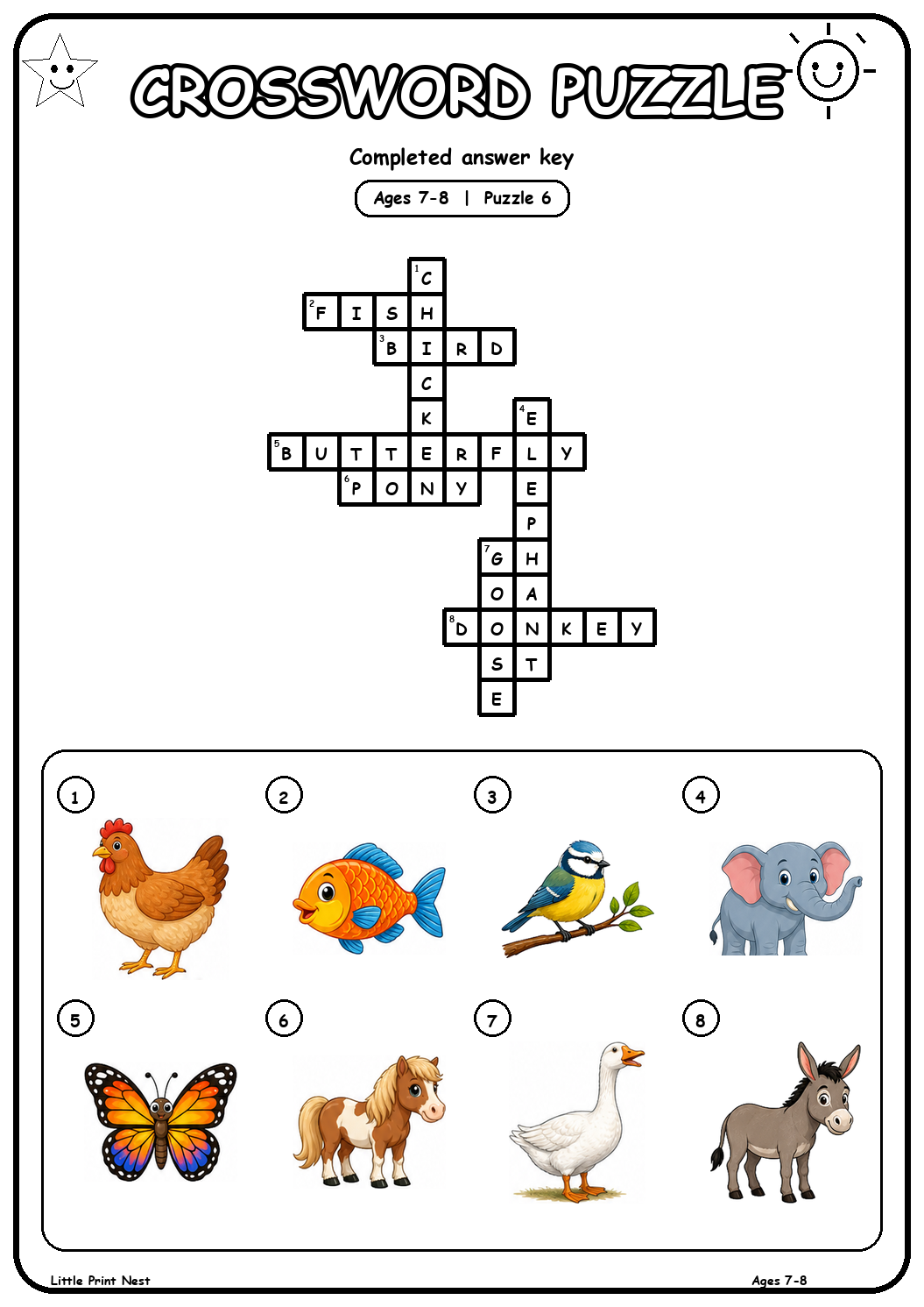Completed answer key for Picture Crossword Puzzle 6 for Ages 7-8