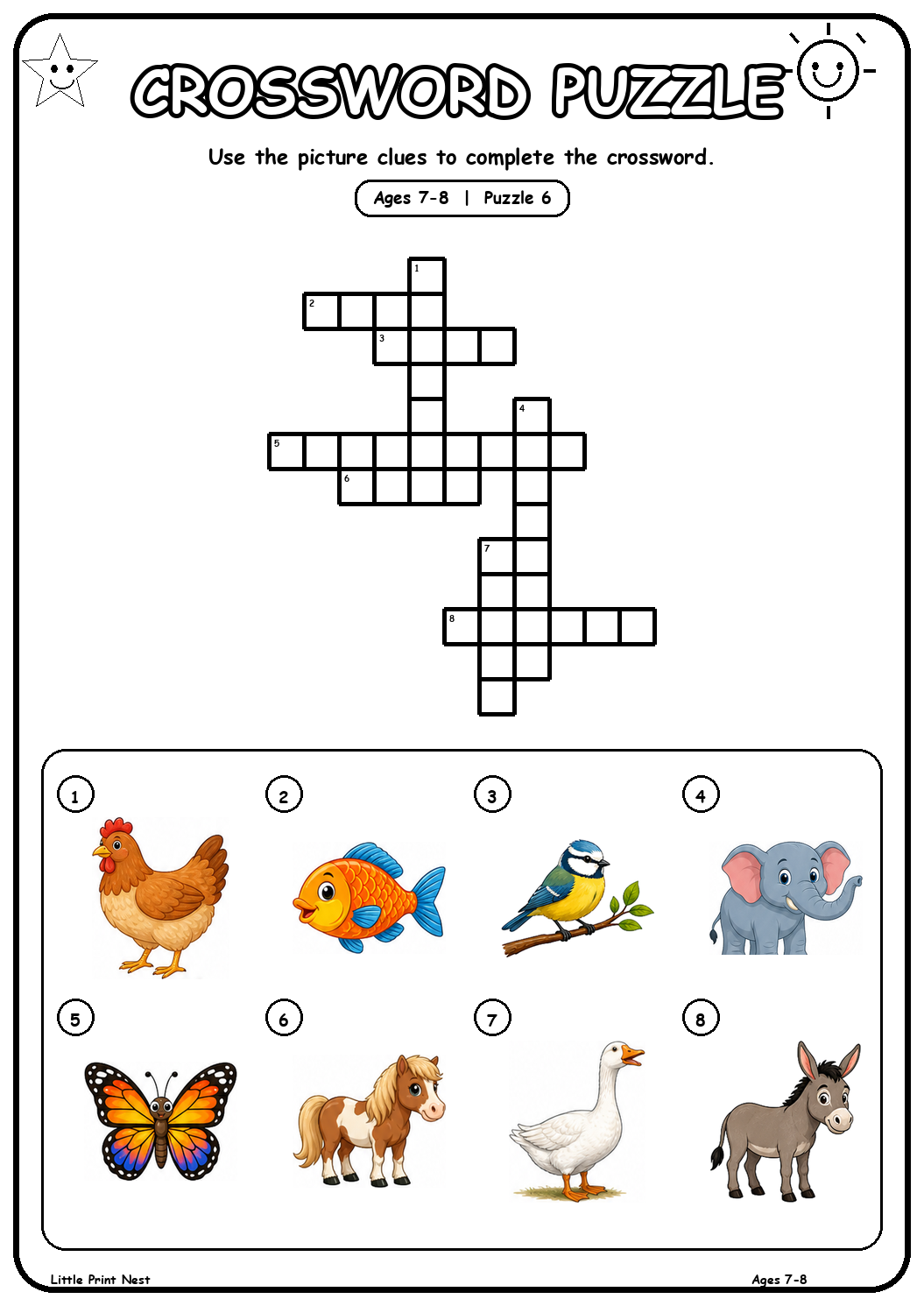 Printable picture crossword puzzle 6 with eight animal clues for ages 7-8