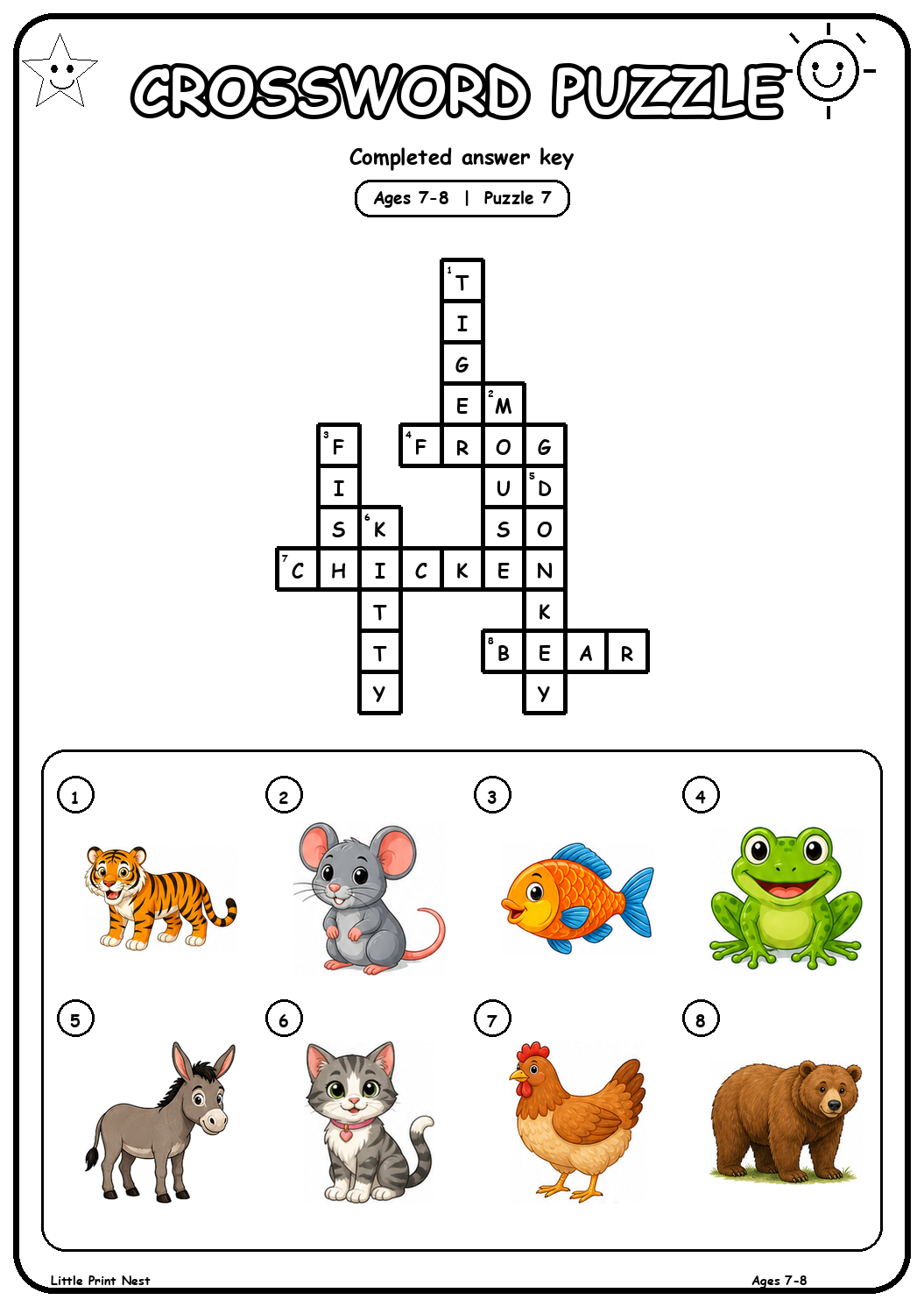 Completed answer key for Picture Crossword Puzzle 7 for Ages 7-8