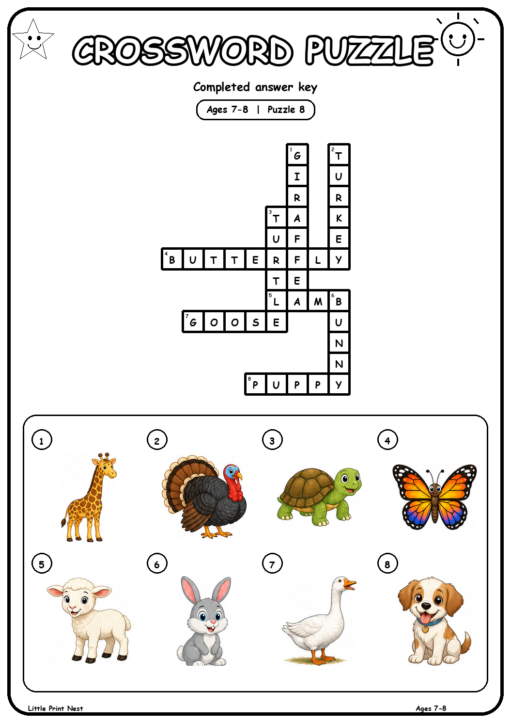 Completed answer key for Picture Crossword Puzzle 8 for Ages 7-8