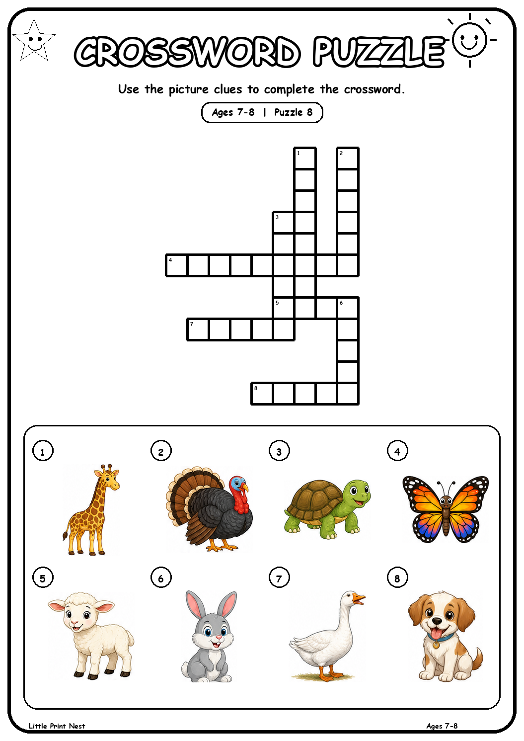 Printable picture crossword puzzle 8 with eight animal clues for ages 7-8