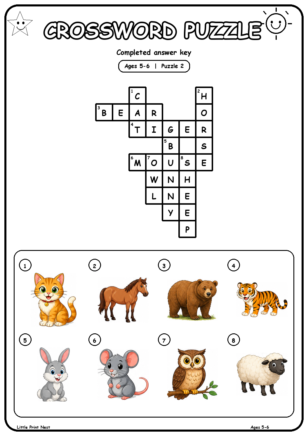 Completed answer key for Picture Crossword Puzzle 2 for Ages 5-6