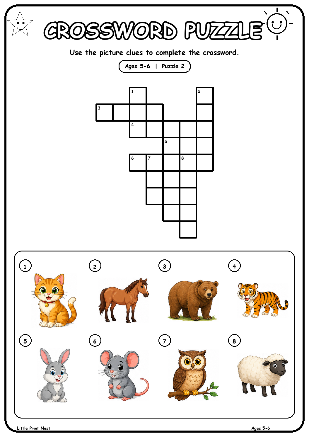 Printable picture crossword puzzle 2 with eight animal clues for ages 5-6